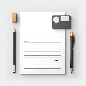 ess form with pencil, pen, eraser and clip arranged on white background