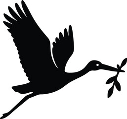 Obraz premium Silhouette stork flying with an olive branch in its beak Vector illustration
