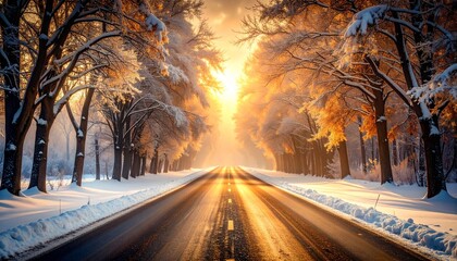 Winter wonderland featuring snowy road surrounded by woods creating a serene atmosphere