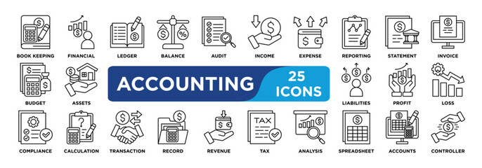 ACCOUNTING icon collection set. Containing bookkeeping,tax,ledger,balance,audit,income,expense,reporting,statement,invoice icon. Simple line vector.	