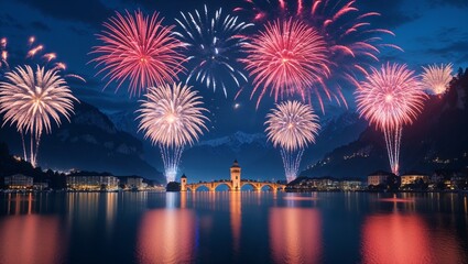 Fototapeta premium witzerland National Day Fireworks Over Lake with Historic Bridge