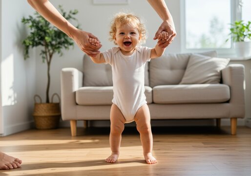 Baby learning to walk with parental support at home