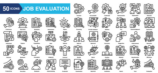 Job Evaluation icon collection set.Function,Accountable,Confirmed,Remuneration,Explanation,Outcome,Proficiency.Simple line vector.