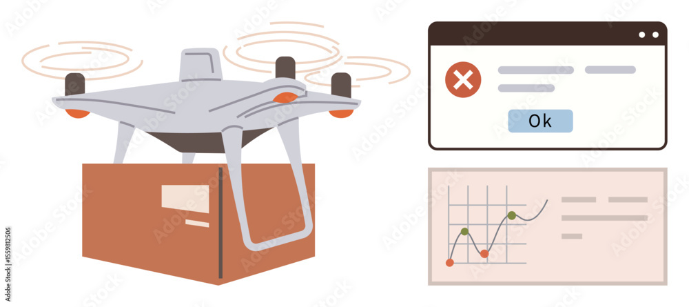 Poster drone carrying a package, digital error message alert pop-up, and data analytics chart tracking deli