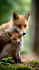 Obraz premium Red fox mother cuddling her baby fox in a green forest
