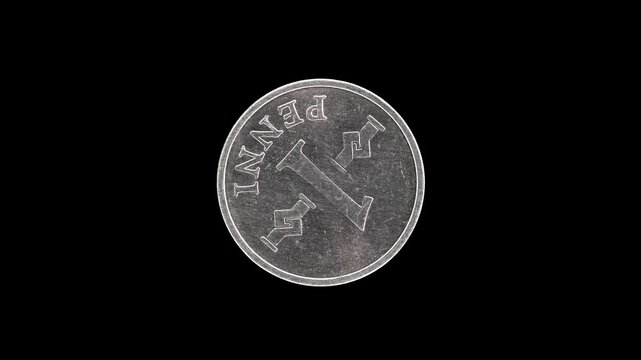 Finland 1974 1 penni coin reverse with large denomination rotating on black background