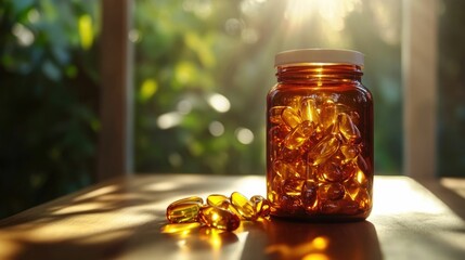 Close up of an amber glass bottle filled with collagen rich supplements bathed in warm natural sunlight and placed on a wooden table surface
