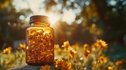 Close up photo highlighting a glass bottle filled with collagen rich dietary supplement with natural warm lighting and a blurred autumn foliage background
