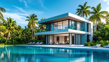 Fototapeta premium Modern luxury villa with pool and palm trees captured with copy space on the left side
