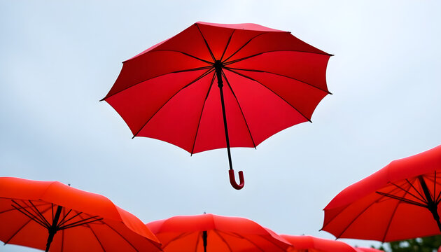Red Umbrellas Floating in the Sky