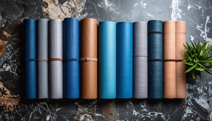 Varied collection of yoga mats displayed on granite background in neutral color palette