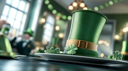 Festive St. Patrick's Day decor with a green hat and shamrocks on a table, celebrating Irish culture