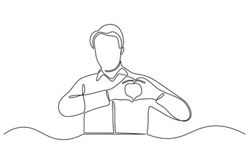 Continuous one line drawing of Young man keeps hands on chest in heart shape sign. Single line drawing illustration of Good guy. Expresses sympathy concept vector art. Doodle line illustration.