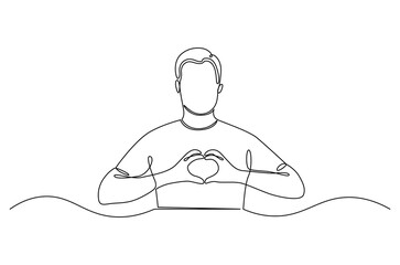 Continuous one line drawing of Young man keeps hands on chest in heart shape sign. Single line drawing illustration of Good guy. Expresses sympathy concept vector art. Doodle line illustration.