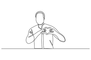 Continuous one line drawing of Young man keeps hands on chest in heart shape sign. Single line drawing illustration of Good guy. Expresses sympathy concept vector art. Doodle line illustration.