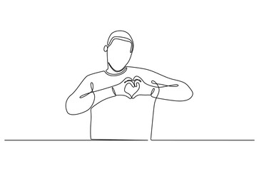 Continuous one line drawing of Young man keeps hands on chest in heart shape sign. Single line drawing illustration of Good guy. Expresses sympathy concept vector art. Doodle line illustration.