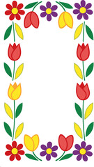 A vibrant and cheerful floral border design featuring stylized tulips and daisies in red yellow and purple with green leaves