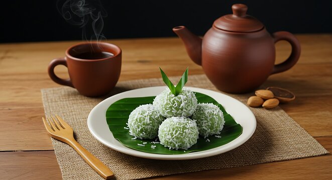 soft klepon cake with cup of teh poci (Javanese tea served in a clay pot)