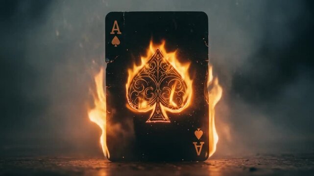 Ace of spades card engulfed in flames with smoke surrounding it in dark background