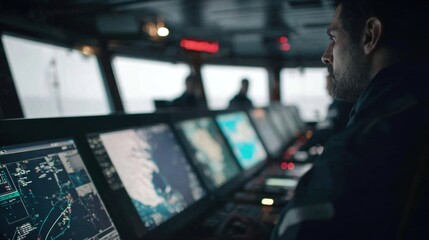 A focused image of a ships navigation station showcasing a multimonitor setup where one screen blinks with a critical steering system error message while other displays provide realtime