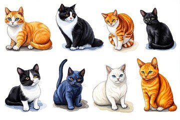 A group of cats sitting in a row on a white background