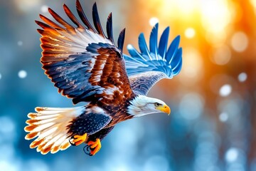 Fototapeta premium A bald eagle flying through the air with its wings spread