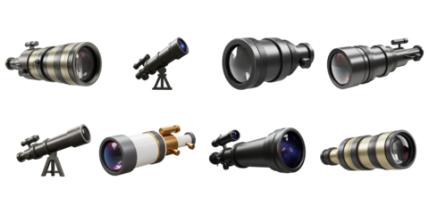 Telescope Collection: An array of sophisticated telescopes, showcasing a range of designs, structures and details, symbolizing discovery, exploration, and the boundless wonder of the cosmos.