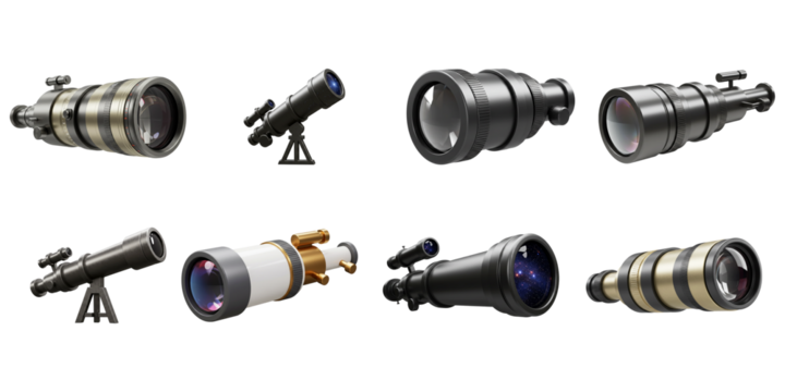 Telescope Collection: An array of sophisticated telescopes, showcasing a range of designs, structures and details, symbolizing discovery, exploration, and the boundless wonder of the cosmos.
