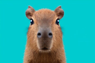 Fototapeta premium Capybara Facing Front on Teal Background with Curious Look