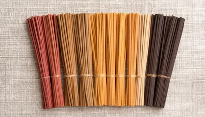 Dynamic flat lay of bunch of pasta sticks on canvas background with bright balanced hues