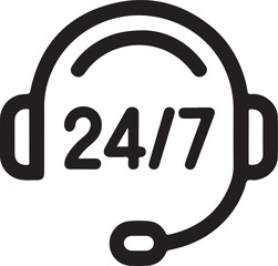 Black outline icon of headphones with 24 7 text isolated on white background