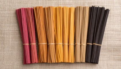 Bright dynamic flat lay of incense sticks on canvas background with vibrant colors
