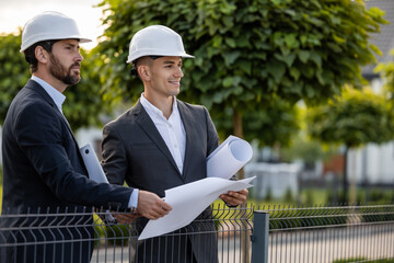 Builders discussing plans with technology outdoors