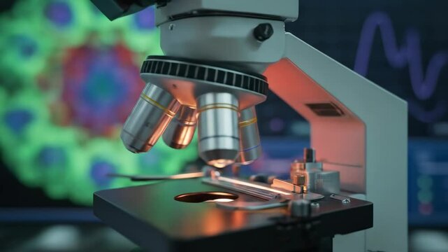 Closeup modern microscope in a research laboratory setting with vivid computer screen displaying data analysis image