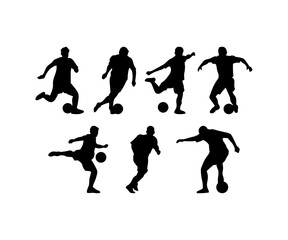 A collection of 7 black football player silhouettes in different action poses, including kicking, dribbling, and controlling the ball. This vector set is perfect for sports design, football-themed pro