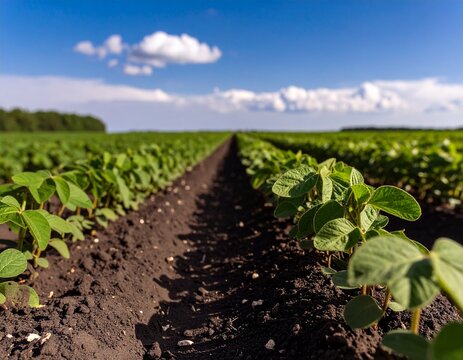 field of soybean growth in farm with blue sky background. agriculture plant seeding growing