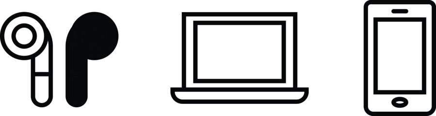 Obraz premium Set of icons representing wireless earbuds laptop and smartphone isolated on white background