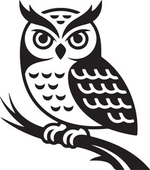 Stylized black owl perched on a branch isolated on white background