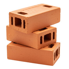 Three stacked red clay bricks with holes isolated on transparent background