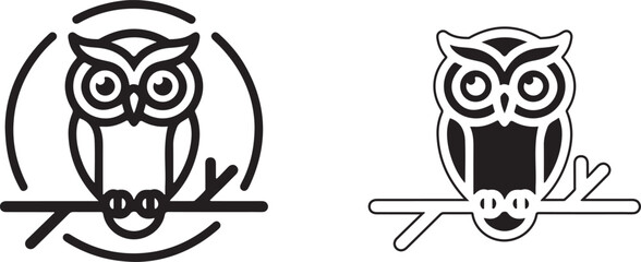 Stylized owl icons sitting on a branch isolated on white background