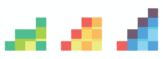 Vector art of three colorful block charts showing different data patterns and growth stages.