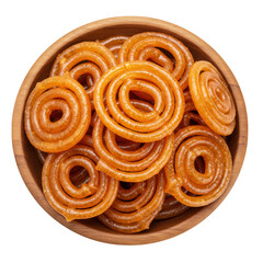 Fototapeta premium A wooden bowl overflowing with sweet golden jalebi spiral pastries isolated on transparent background