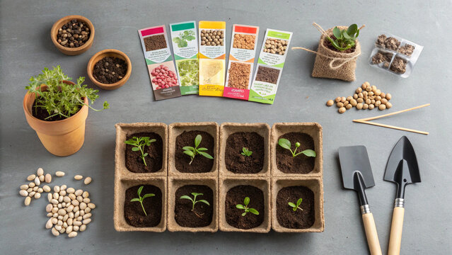 Spring Gardening Flatlay Seed Seedlings and Pots on Grey Surface