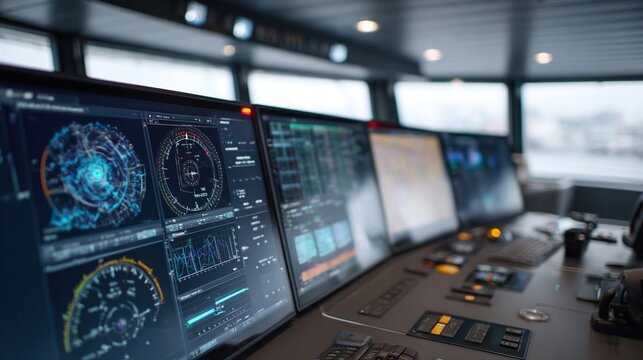 A wideangle view of a modern engine monitoring system integrated into a ships command center featuring multiple screens with realtime data visuals and a user interface that includes