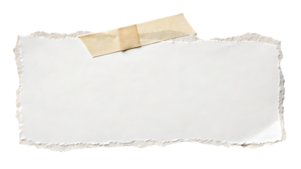 Roughly torn paper piece with adhesive tape isolated white paper sheet with tape isolated on transparent background