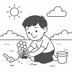 Black and white illustration of a young boy planting a flower in a sunny garden, perfect for nature-themed coloring books.
