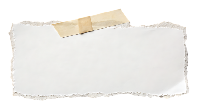Roughly torn paper piece with adhesive tape isolated white paper sheet with tape isolated on transparent background