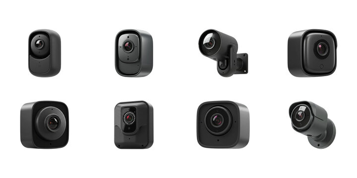 Surveillance Cameras Array: A collection of cutting-edge surveillance cameras in various orientations, illustrating modern security and observation technology.