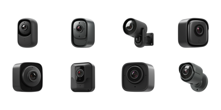 Surveillance Cameras Array: A collection of cutting-edge surveillance cameras in various orientations, illustrating modern security and observation technology.