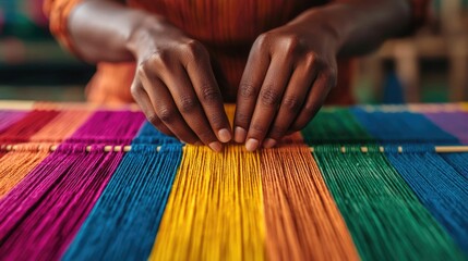 Close up of hands of women weaving a vibrant colorful fabric showcasing the and skill of traditional handcraft celebrating unity and diversity on International Women s Day